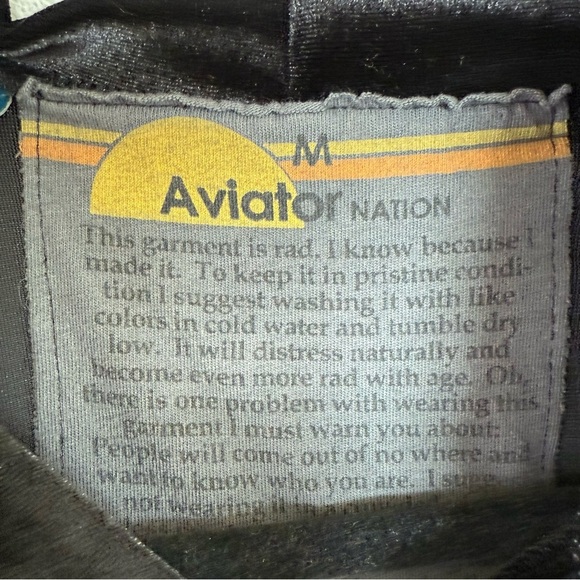 Aviator Nation Black Velour Hoodie Zip Front Sweatshirt Striped Sleeve Medium - Picture 8 of 14